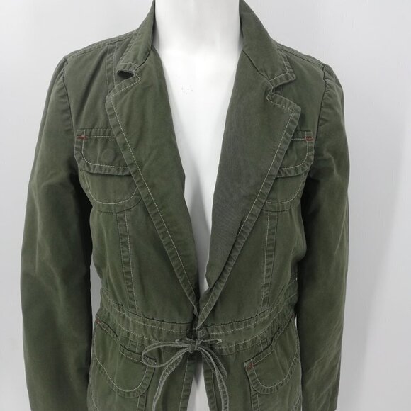 Lucky Brand Military Jacket Size XS Snap Pockets Button Drawstring Green Boho - Picture 7 of 12